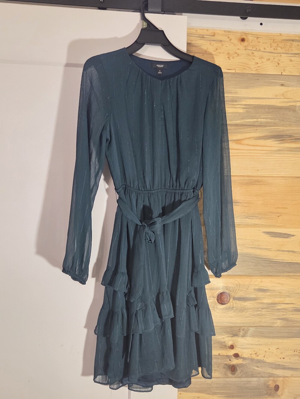 Simply Vera Wang Women's Green Long Sleeve Ruffle Metallic Sparkle Dress size S